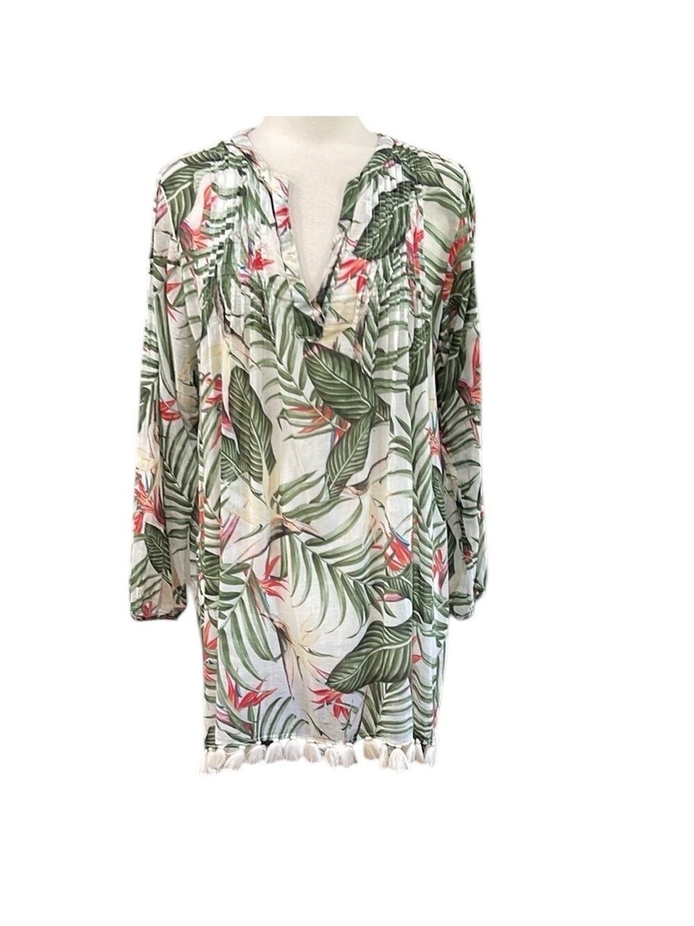 Roller Rabbit Tropical Leaf Bird Of Paradise Print Dress SZ L Green White